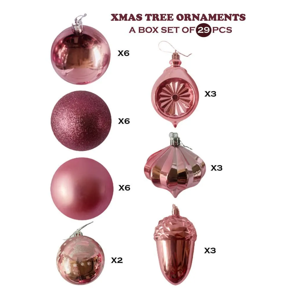 29 pcs, Shiny Metallic Pink Colour Hanging Christmas Tree Ornaments
