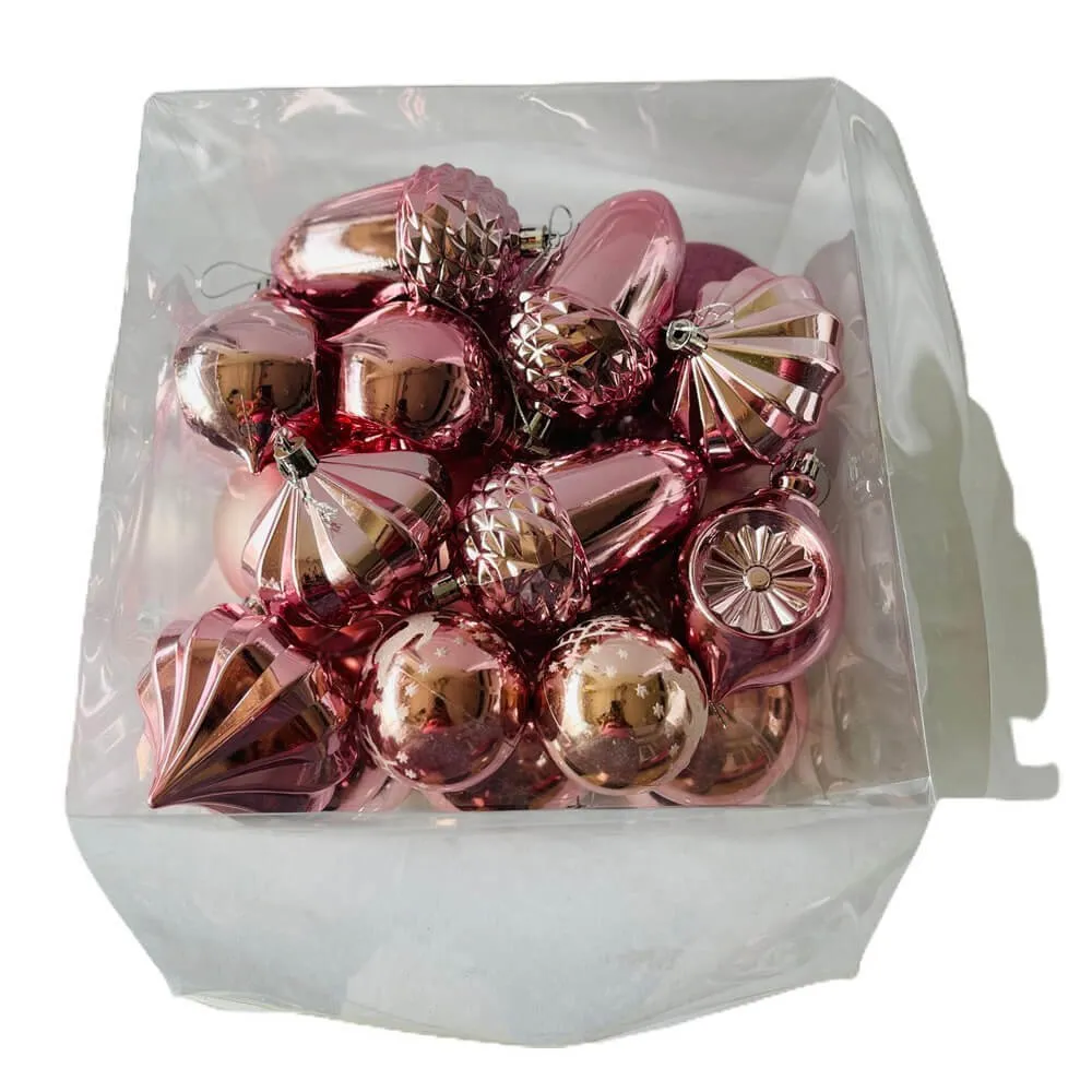 29 pcs, Shiny Metallic Pink Colour Hanging Christmas Tree Ornaments