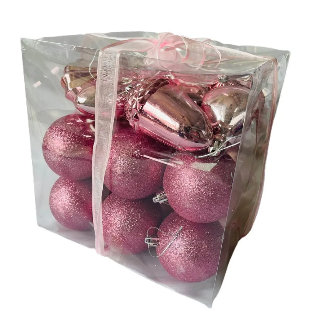 29 pcs, Shiny Metallic Pink Colour Hanging Christmas Tree Ornaments