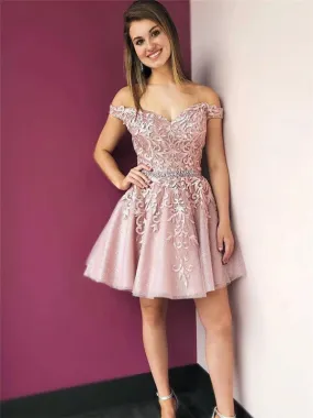 A-line Off-shoulder Appliques Pink Homecoming Dresses, HD0576