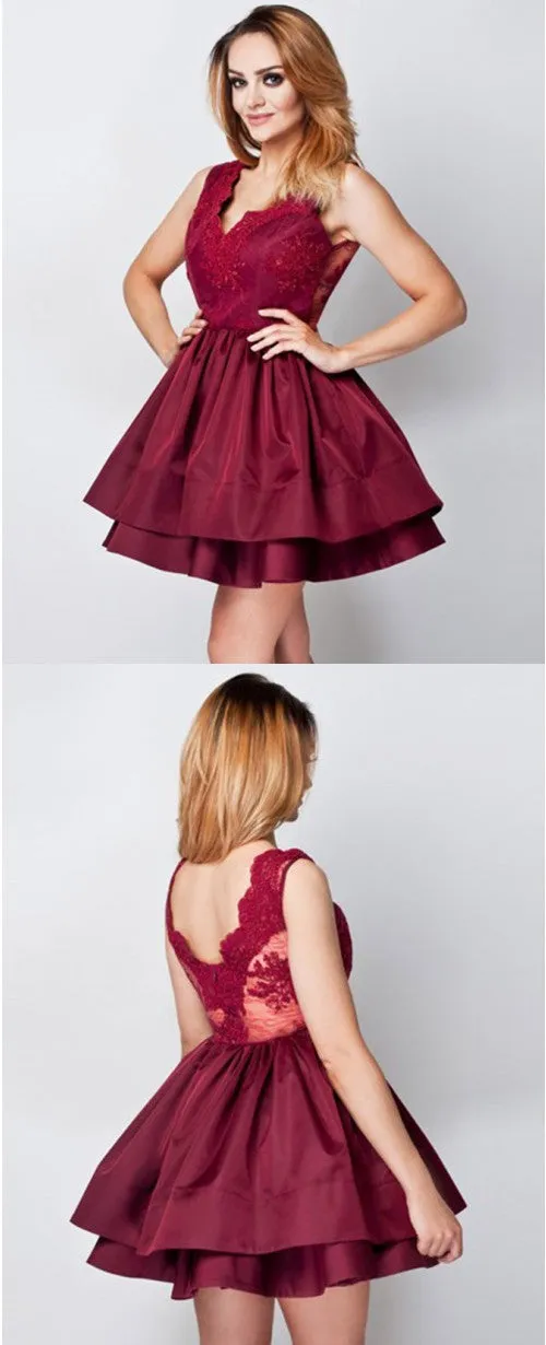 A-Line V-Neck Appliques Top Sleeveless Burgundy Homecoming Dresses, HD0540