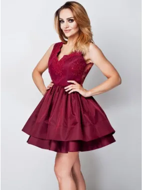 A-Line V-Neck Appliques Top Sleeveless Burgundy Homecoming Dresses, HD0540