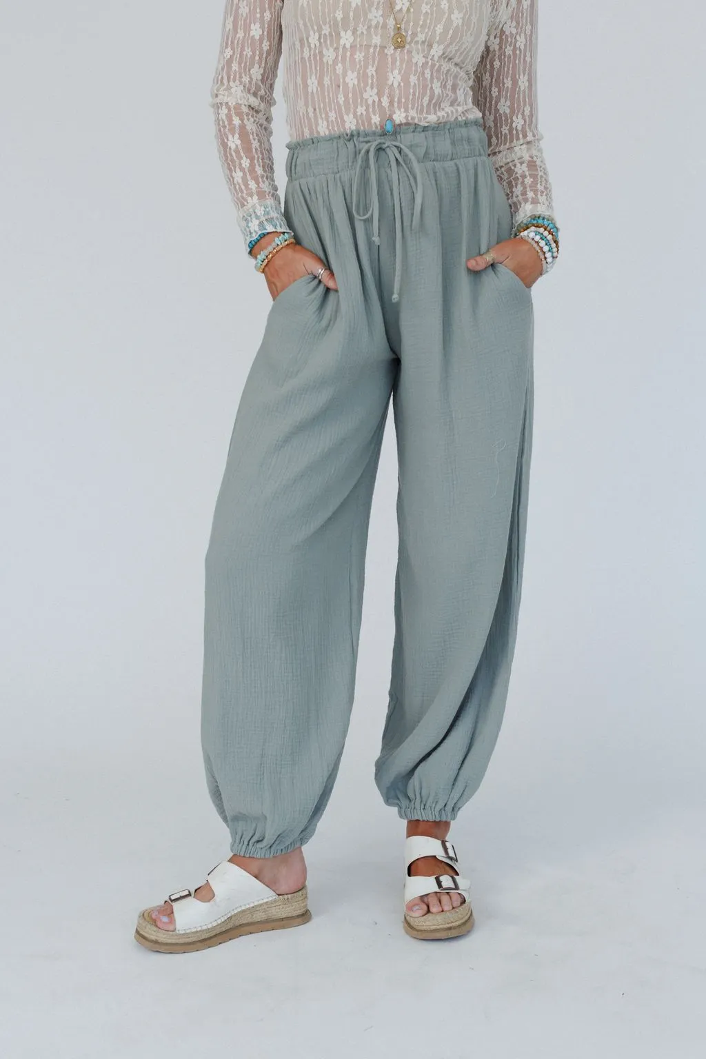 Celestia Wide Leg Cinched Pants - Sage