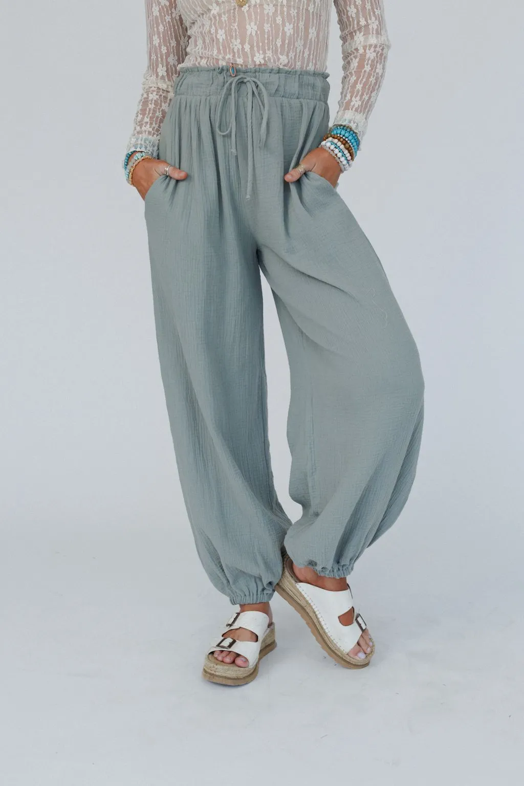 Celestia Wide Leg Cinched Pants - Sage