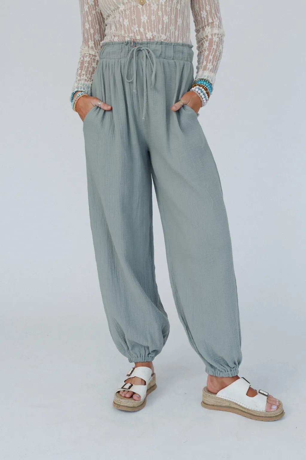 Celestia Wide Leg Cinched Pants - Sage