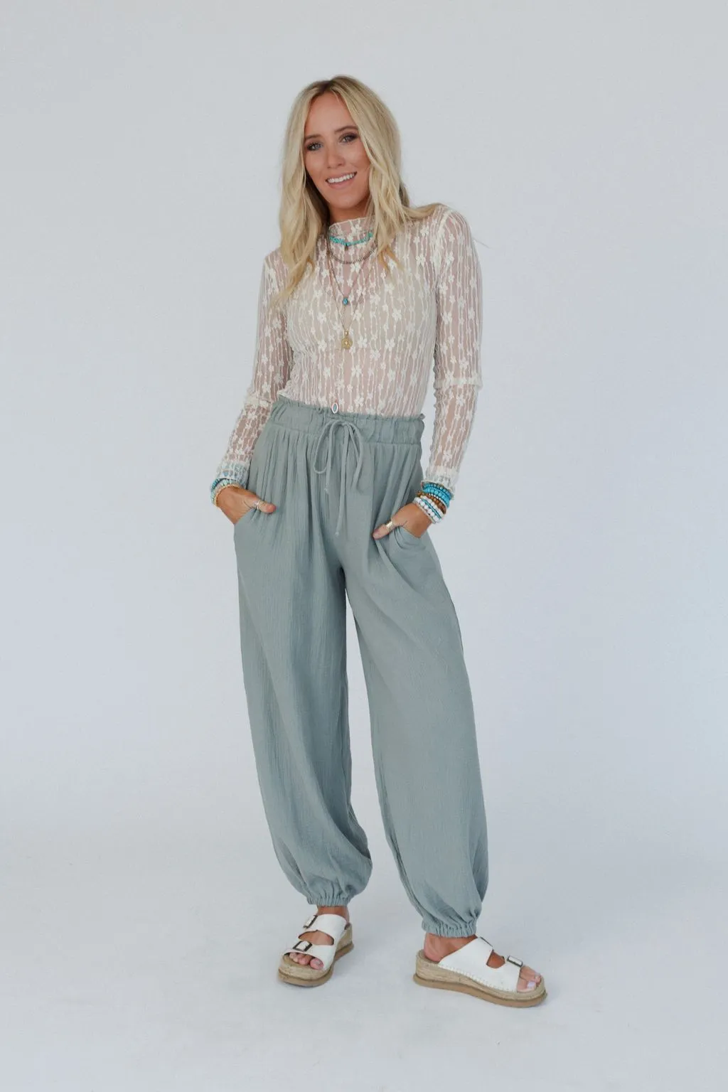 Celestia Wide Leg Cinched Pants - Sage