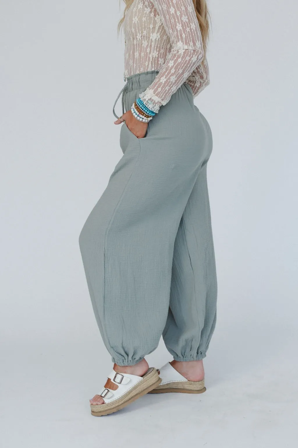 Celestia Wide Leg Cinched Pants - Sage