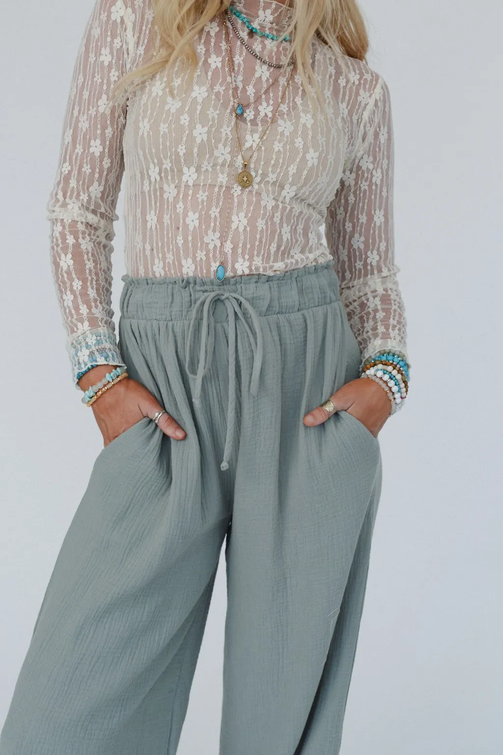 Celestia Wide Leg Cinched Pants - Sage