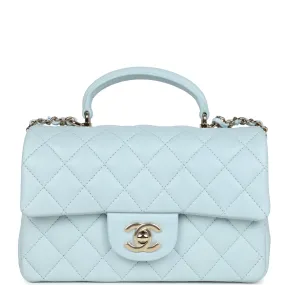 Chanel Mini Rectangular Flap with Top Handle Light Blue Lambskin Light Gold Hardware
