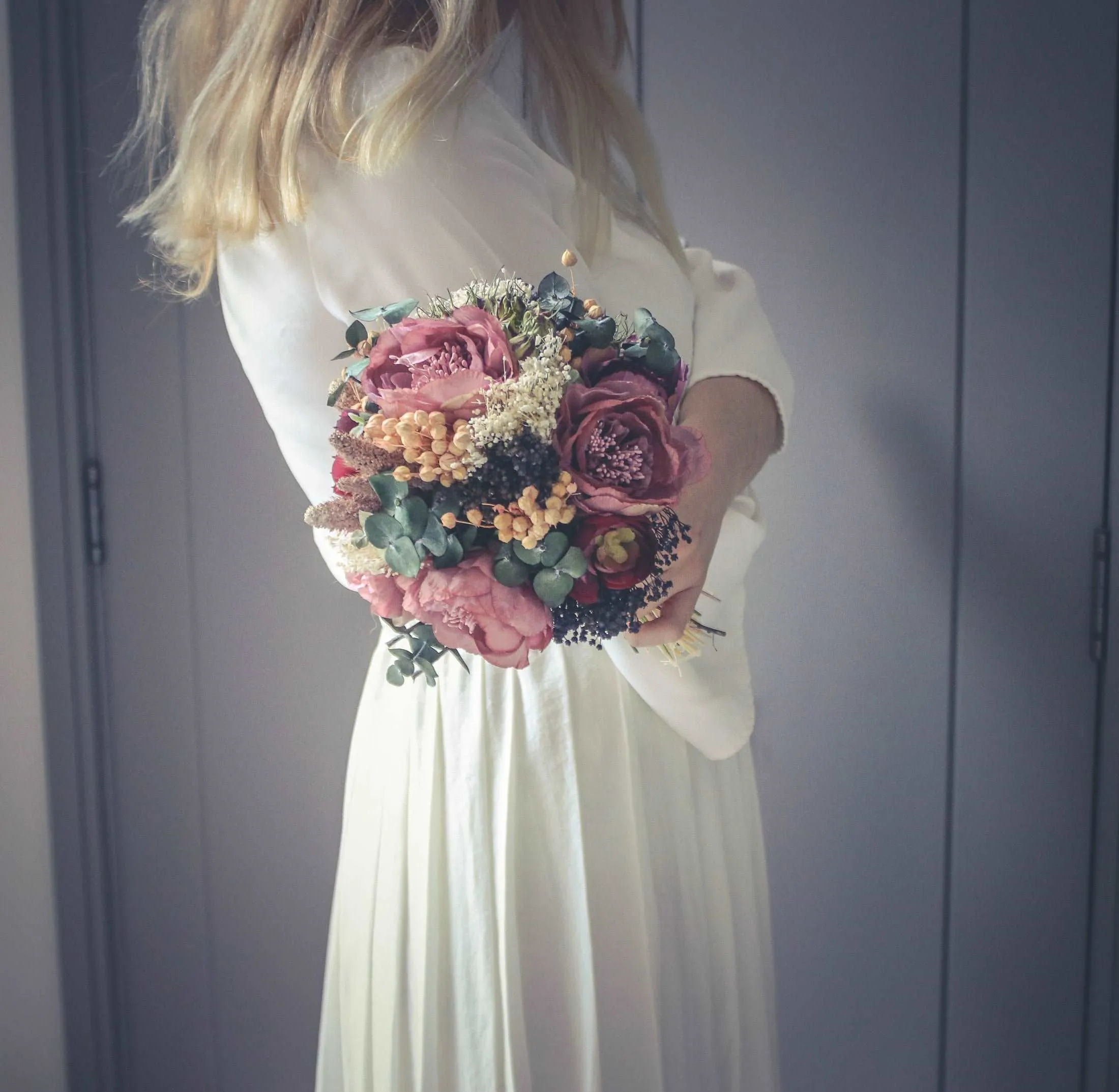 Colourful Dried & Artificial Flowers Bridal Bouquet - Forest Green & Purple