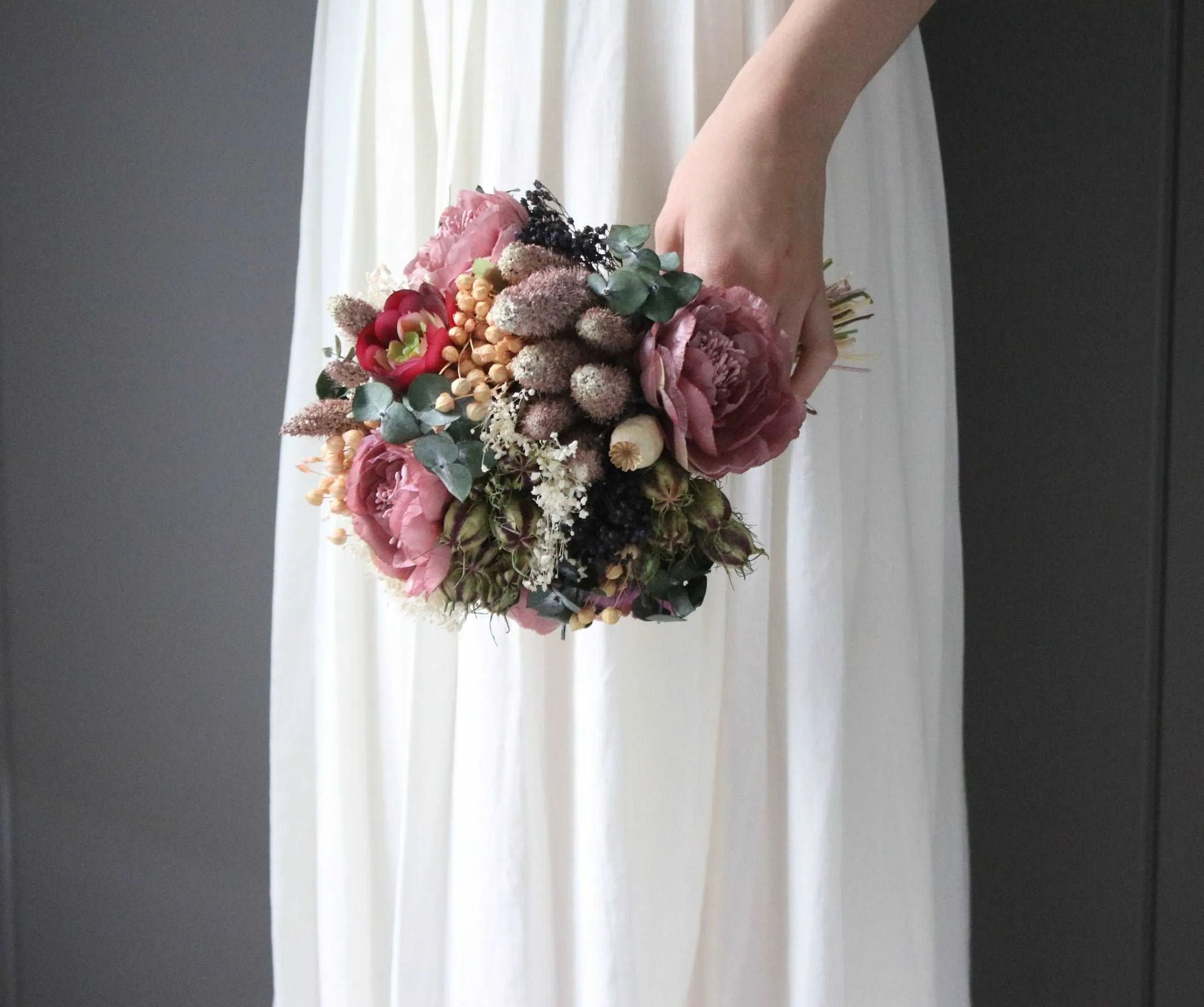 Colourful Dried & Artificial Flowers Bridal Bouquet - Forest Green & Purple
