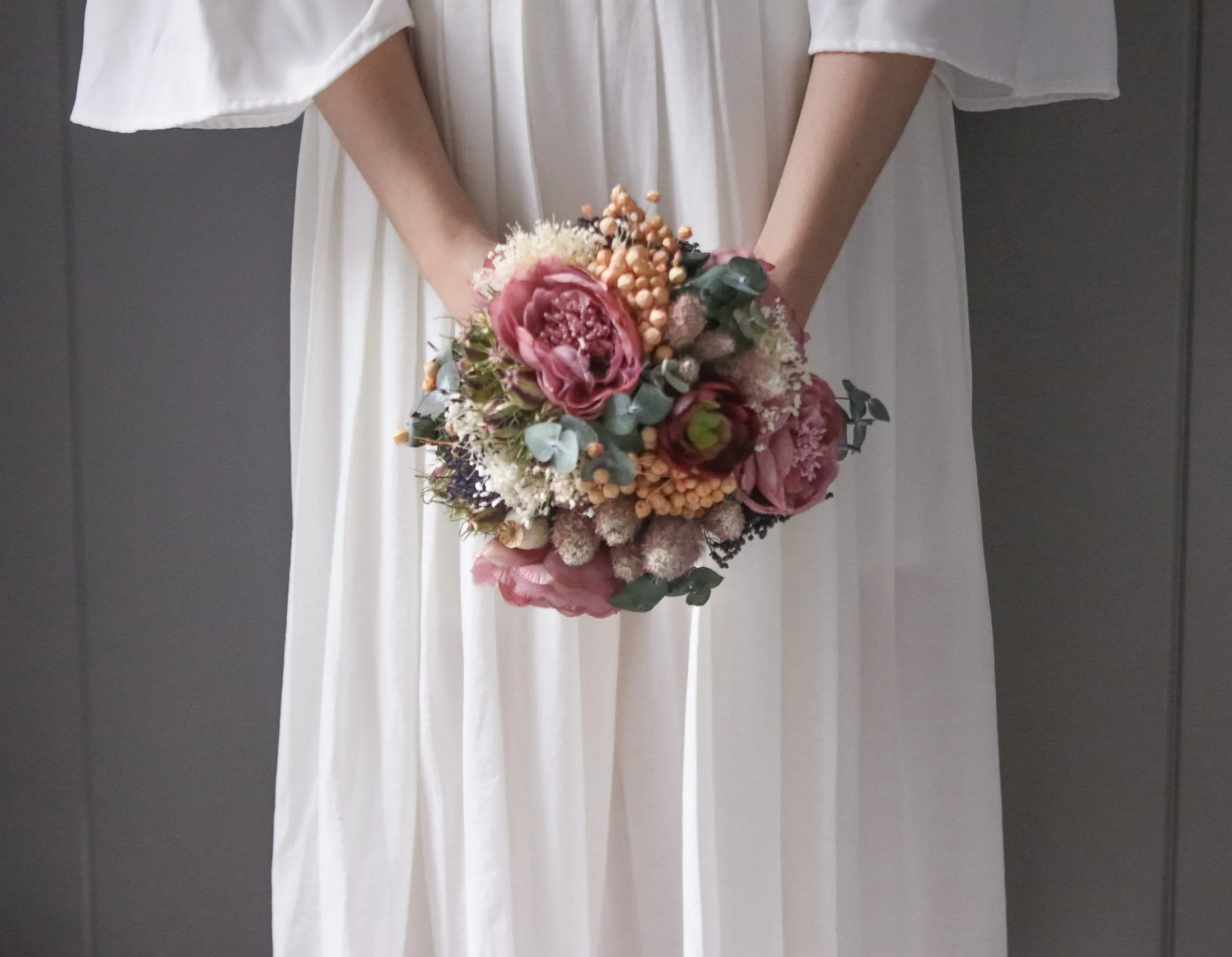 Colourful Dried & Artificial Flowers Bridal Bouquet - Forest Green & Purple