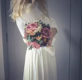 Colourful Dried & Artificial Flowers Bridal Bouquet - Forest Green & Purple