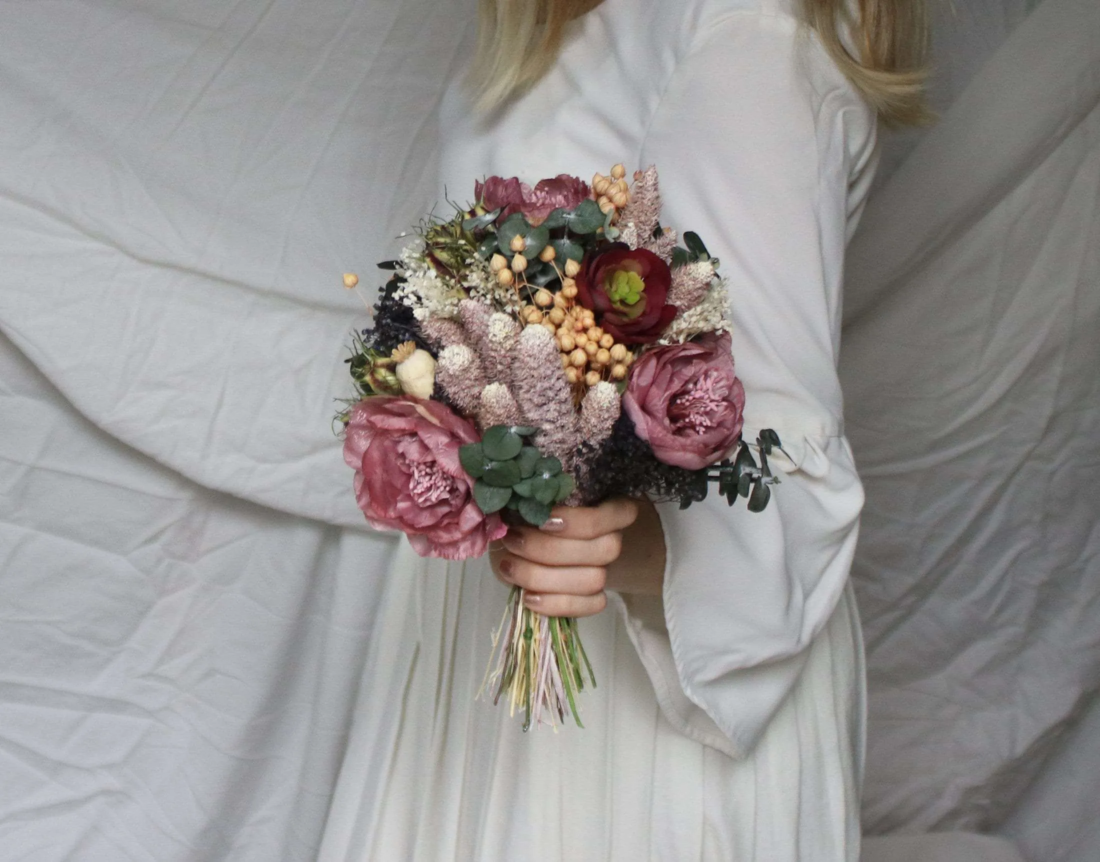 Colourful Dried & Artificial Flowers Bridal Bouquet - Forest Green & Purple