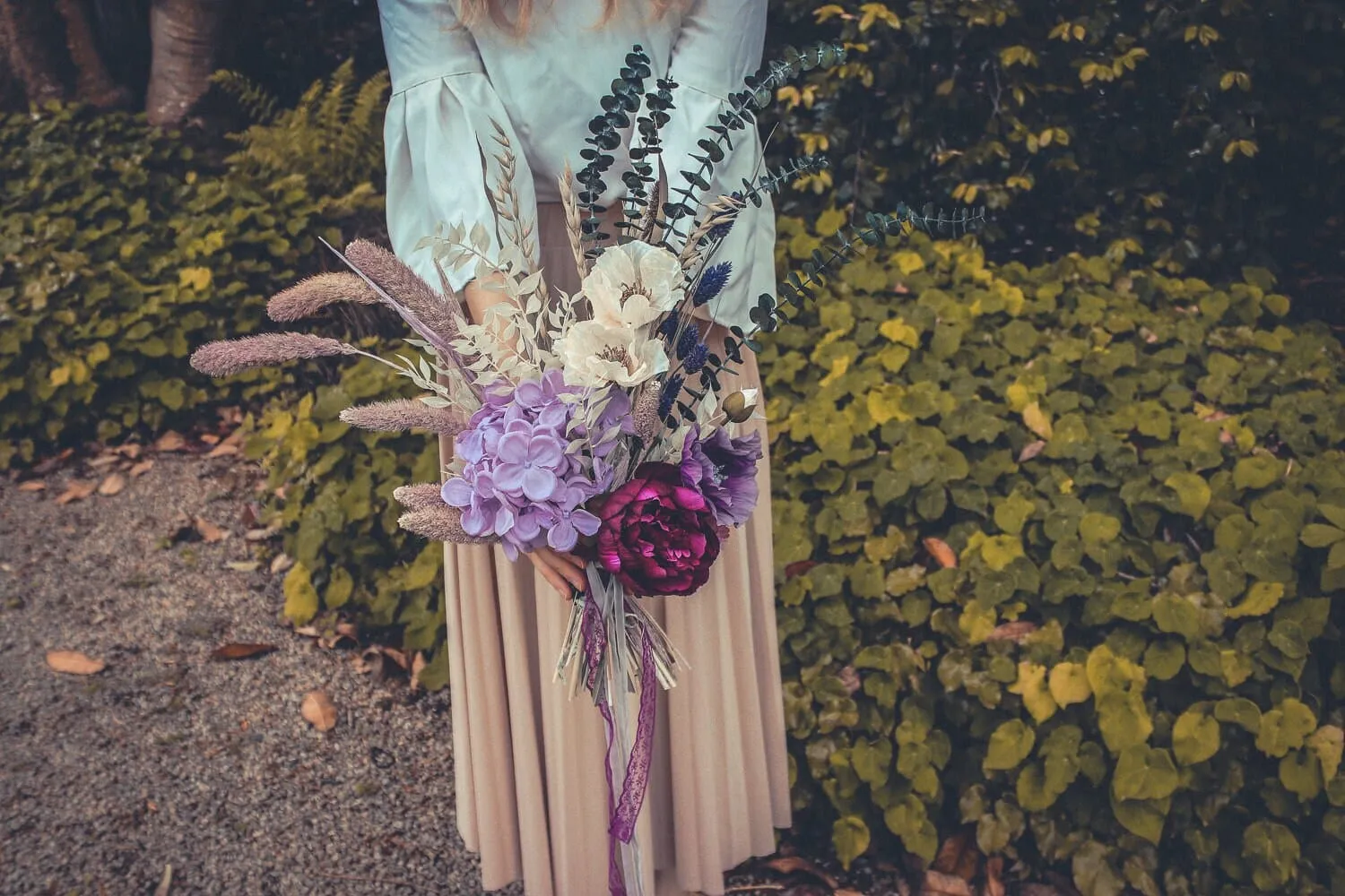 Colourful Dried & Artificial Flowers Bridal Bouquet - Soft Lavender & Green