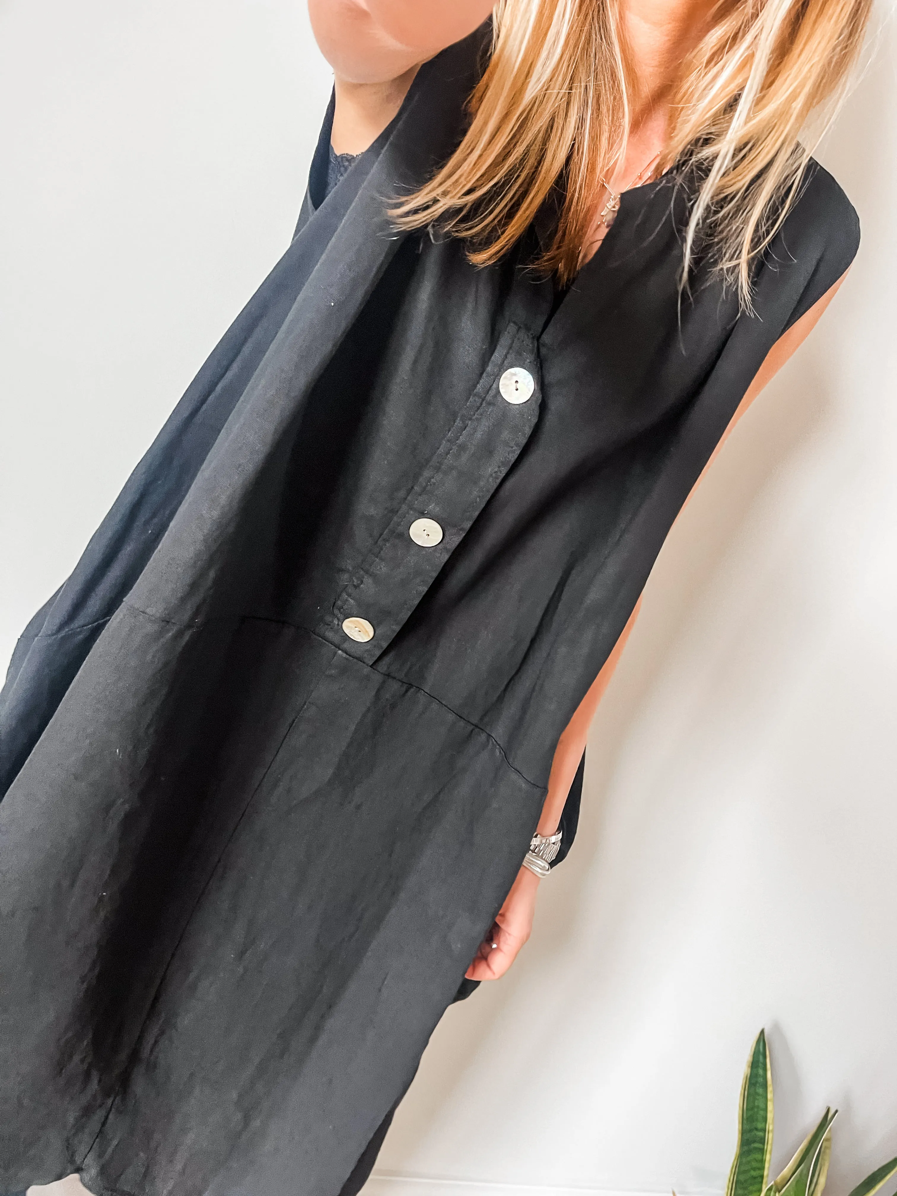 Cotton Linen Sleeveless Cocoon Midi Dress