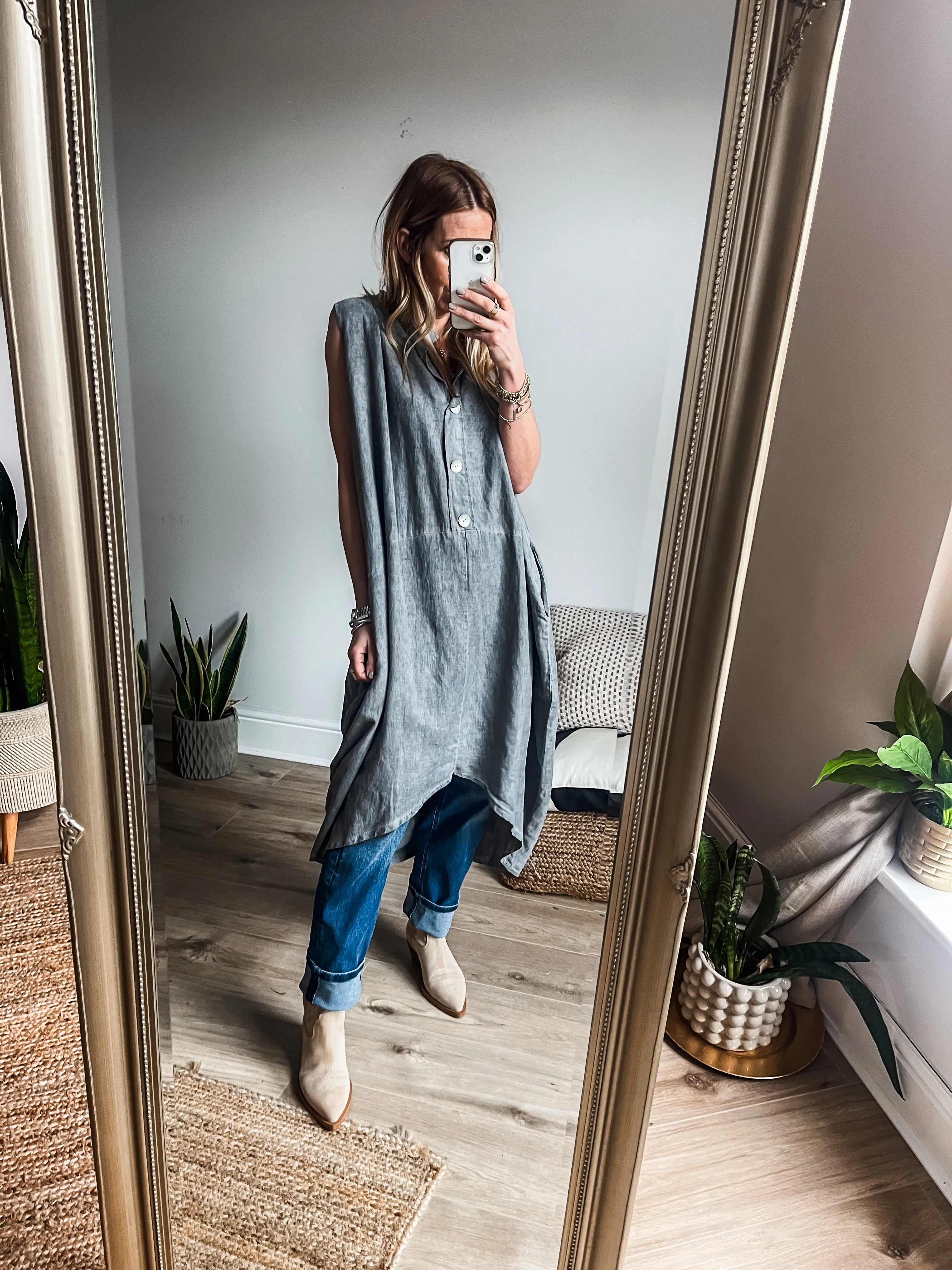 Cotton Linen Sleeveless Cocoon Midi Dress