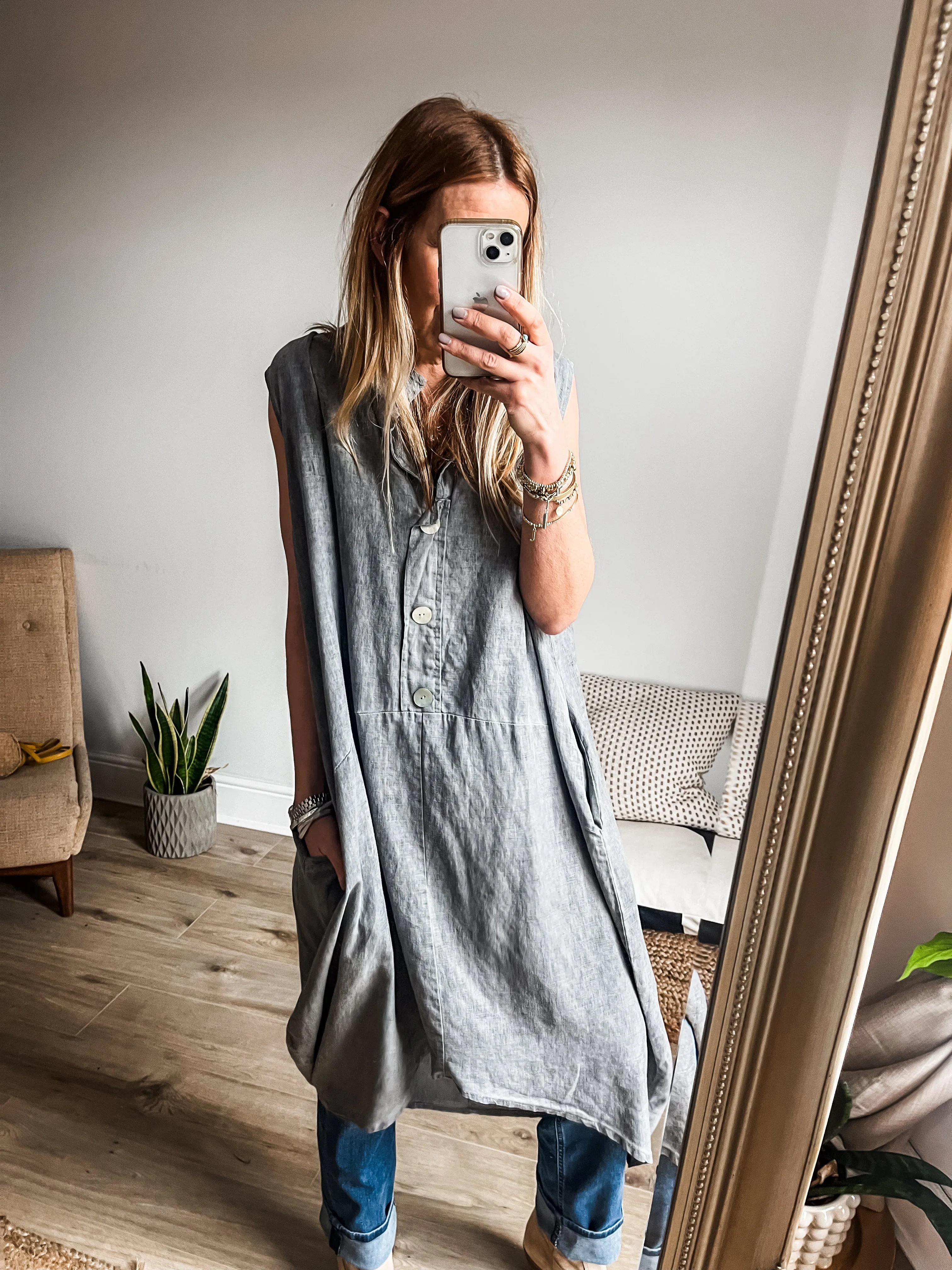 Cotton Linen Sleeveless Cocoon Midi Dress