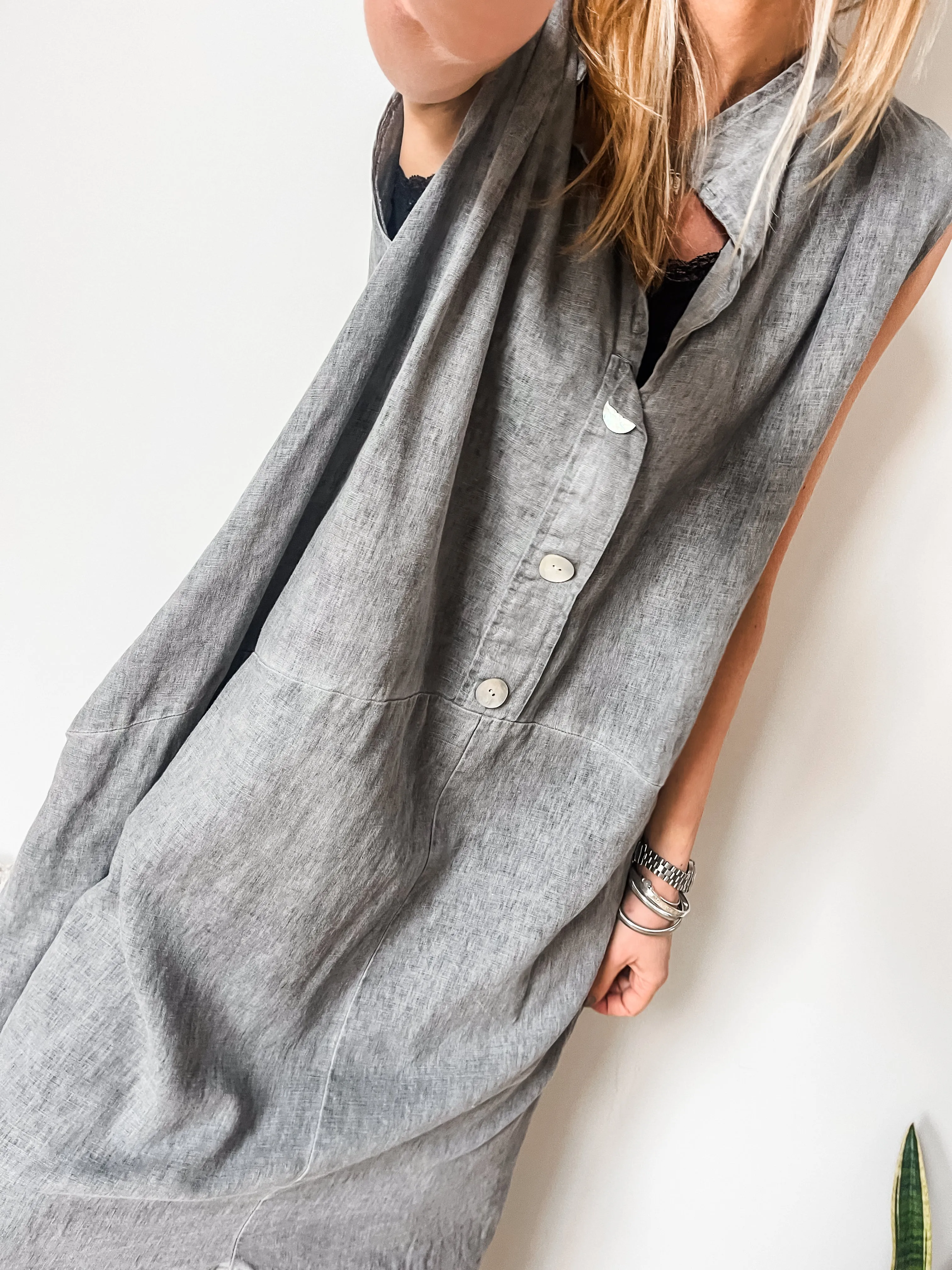 Cotton Linen Sleeveless Cocoon Midi Dress