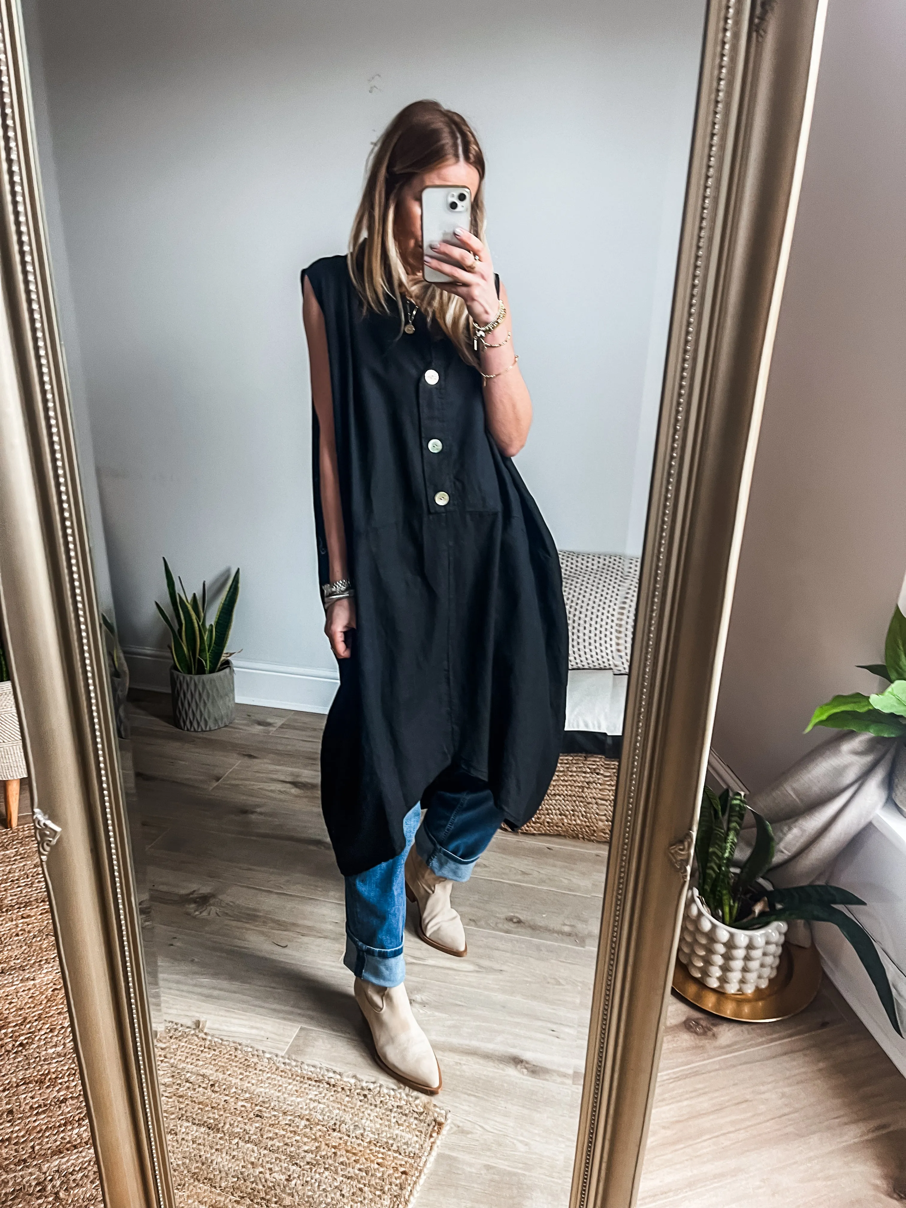 Cotton Linen Sleeveless Cocoon Midi Dress