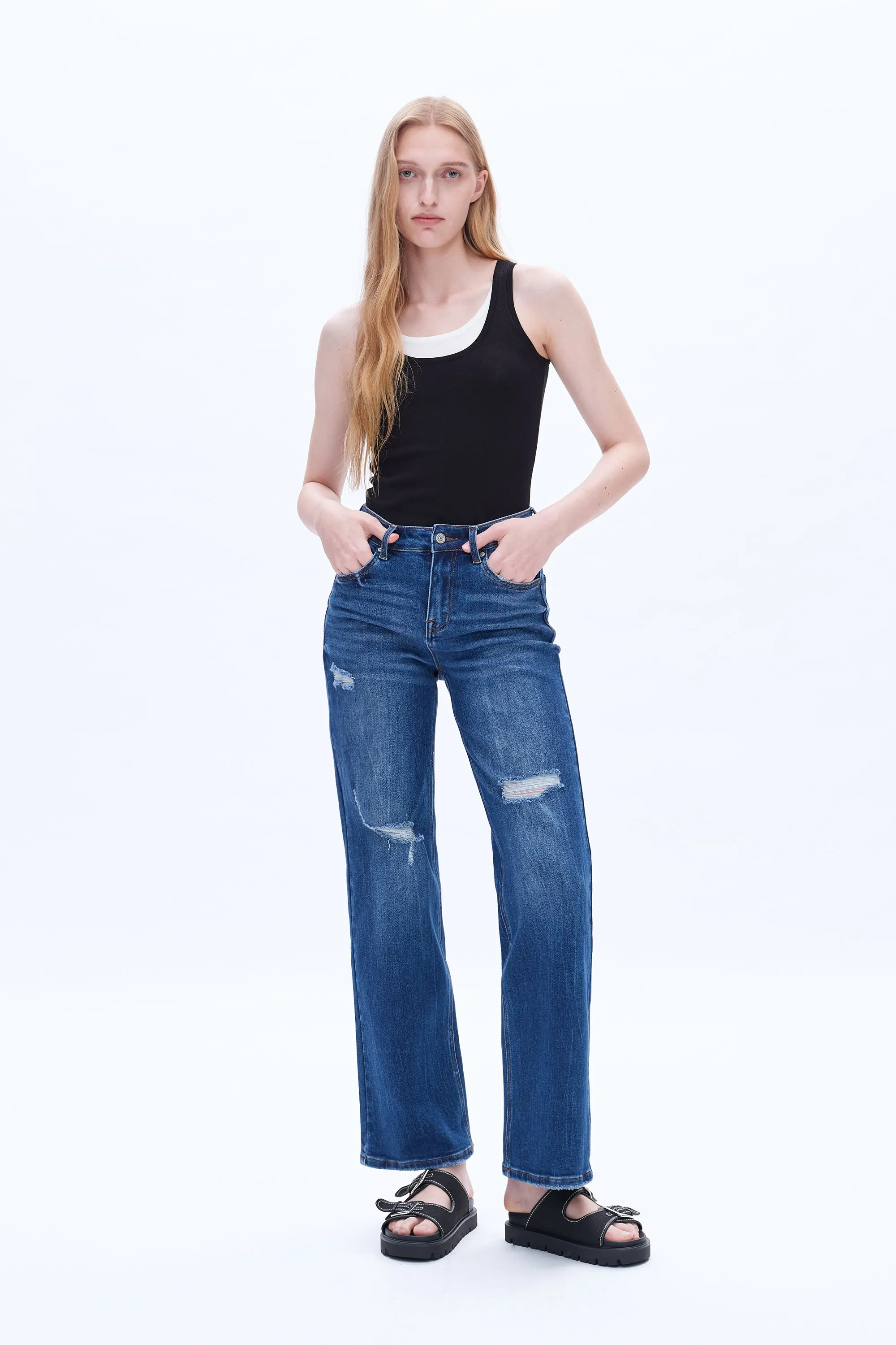 HIGH RISE WIDE LEG JEANS BYW8120 DARK BLUE