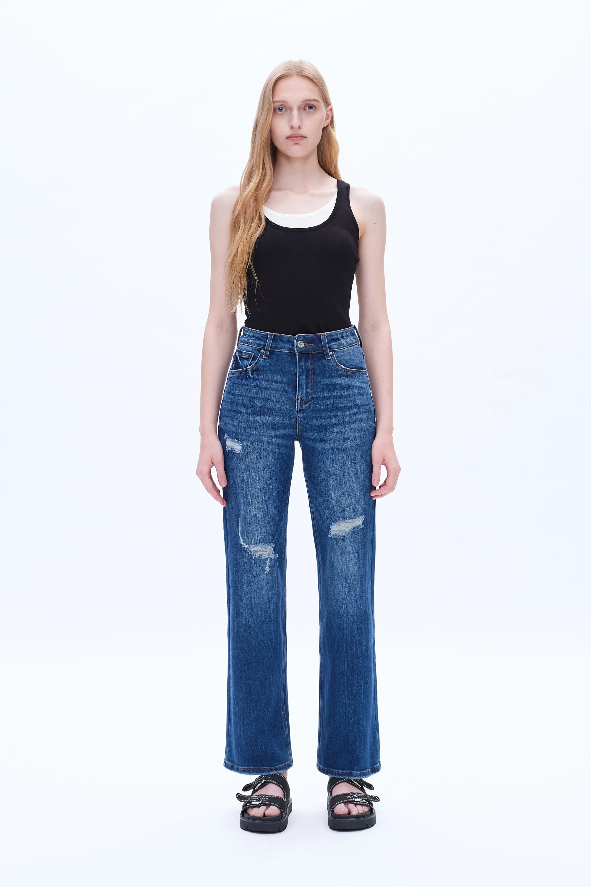 HIGH RISE WIDE LEG JEANS BYW8120 DARK BLUE