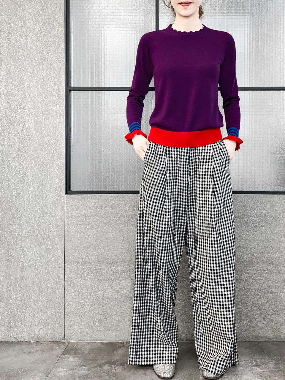 Last Chance! Black White Gingham Pleated Front Wide Leg Trousers
