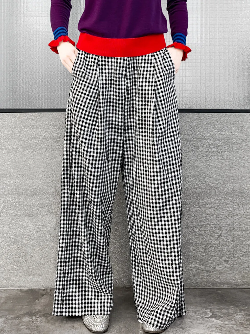 Last Chance! Black White Gingham Pleated Front Wide Leg Trousers