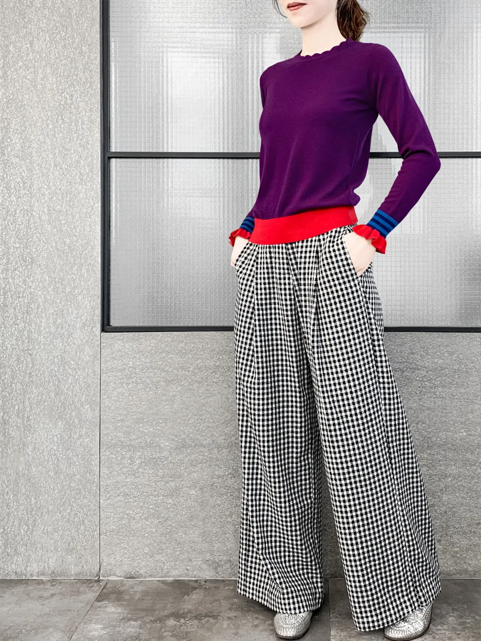 Last Chance! Black White Gingham Pleated Front Wide Leg Trousers