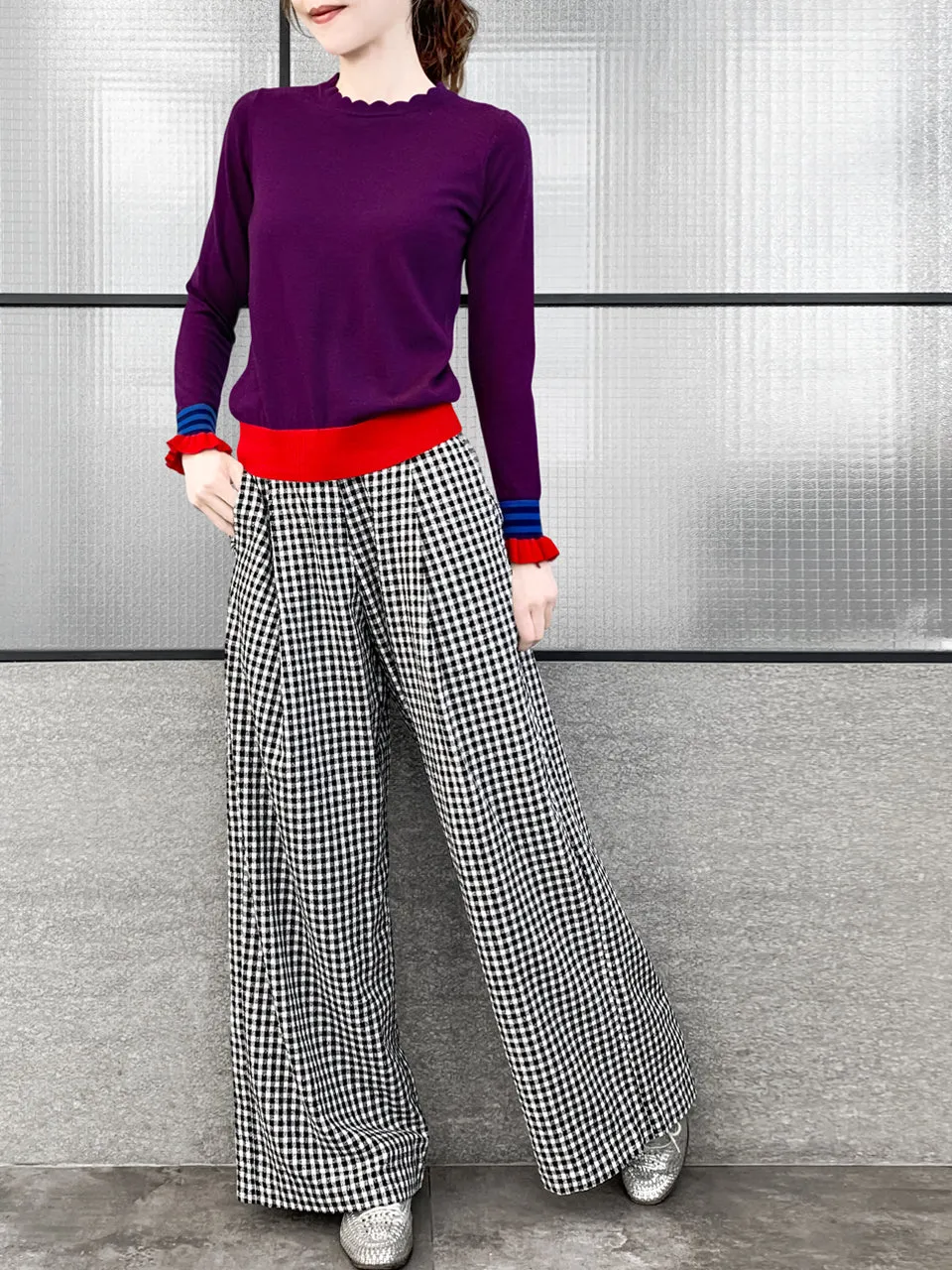 Last Chance! Black White Gingham Pleated Front Wide Leg Trousers