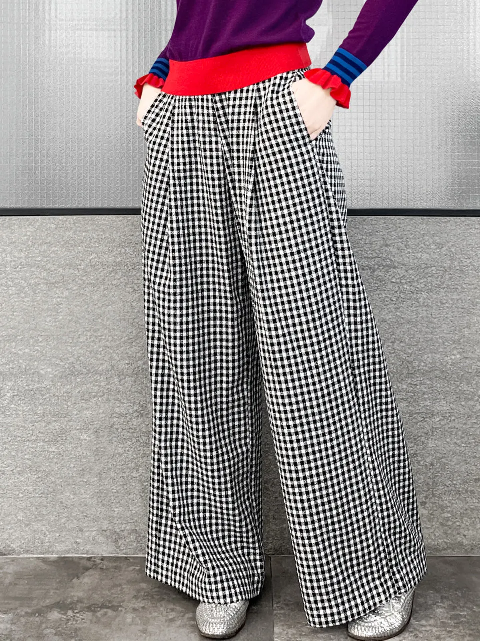 Last Chance! Black White Gingham Pleated Front Wide Leg Trousers