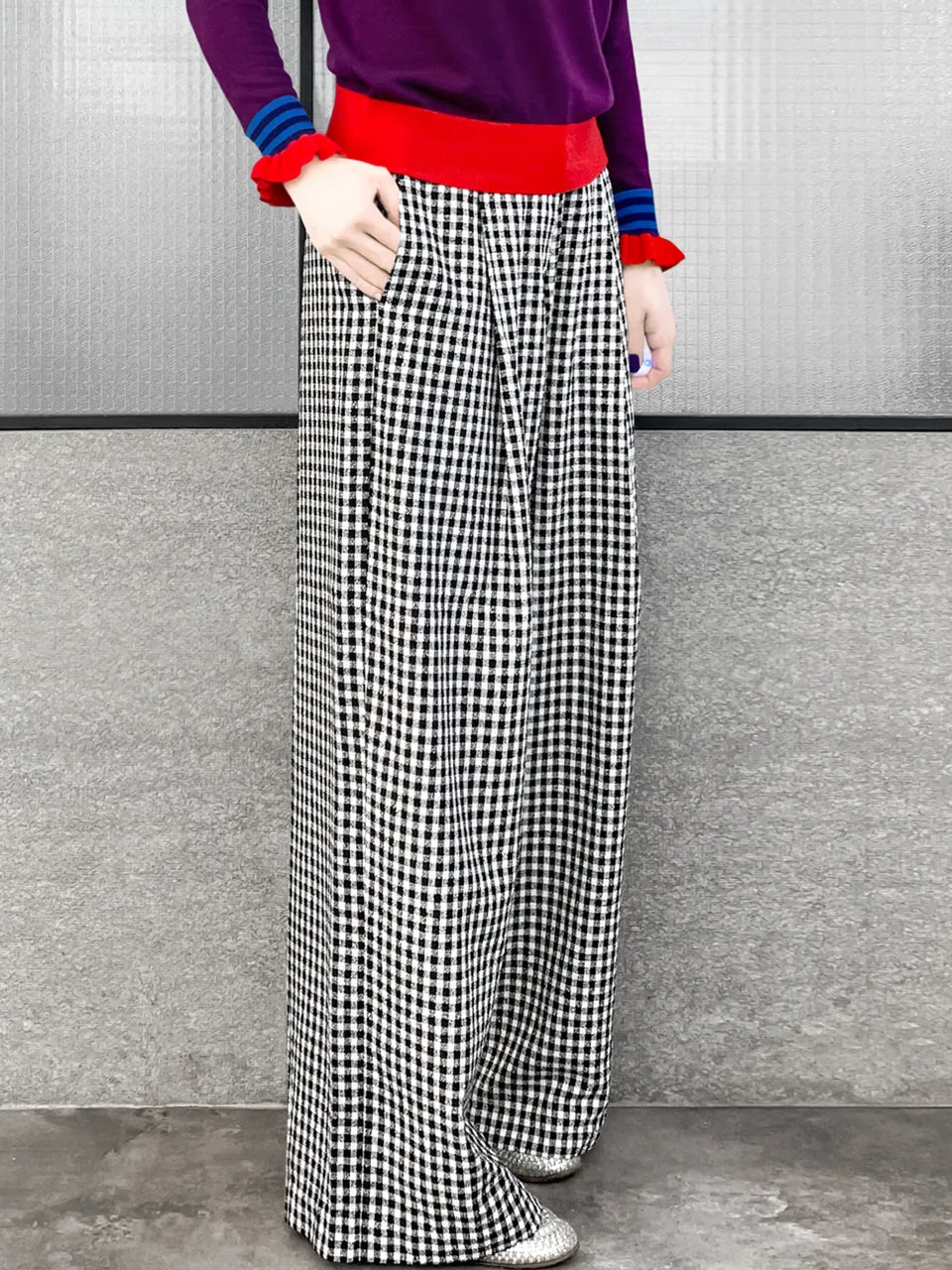 Last Chance! Black White Gingham Pleated Front Wide Leg Trousers