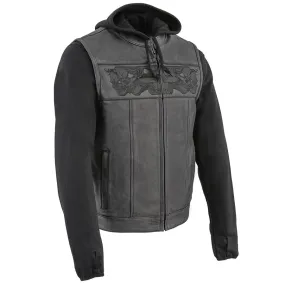 Men’s Black Leather Vest with Reflective Skulls & Full Hoodie Liner