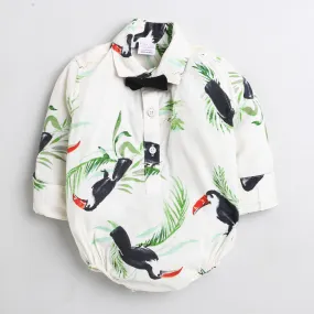 Polka Tots Full Sleeve black bird printed Onesie with bow tie  - white