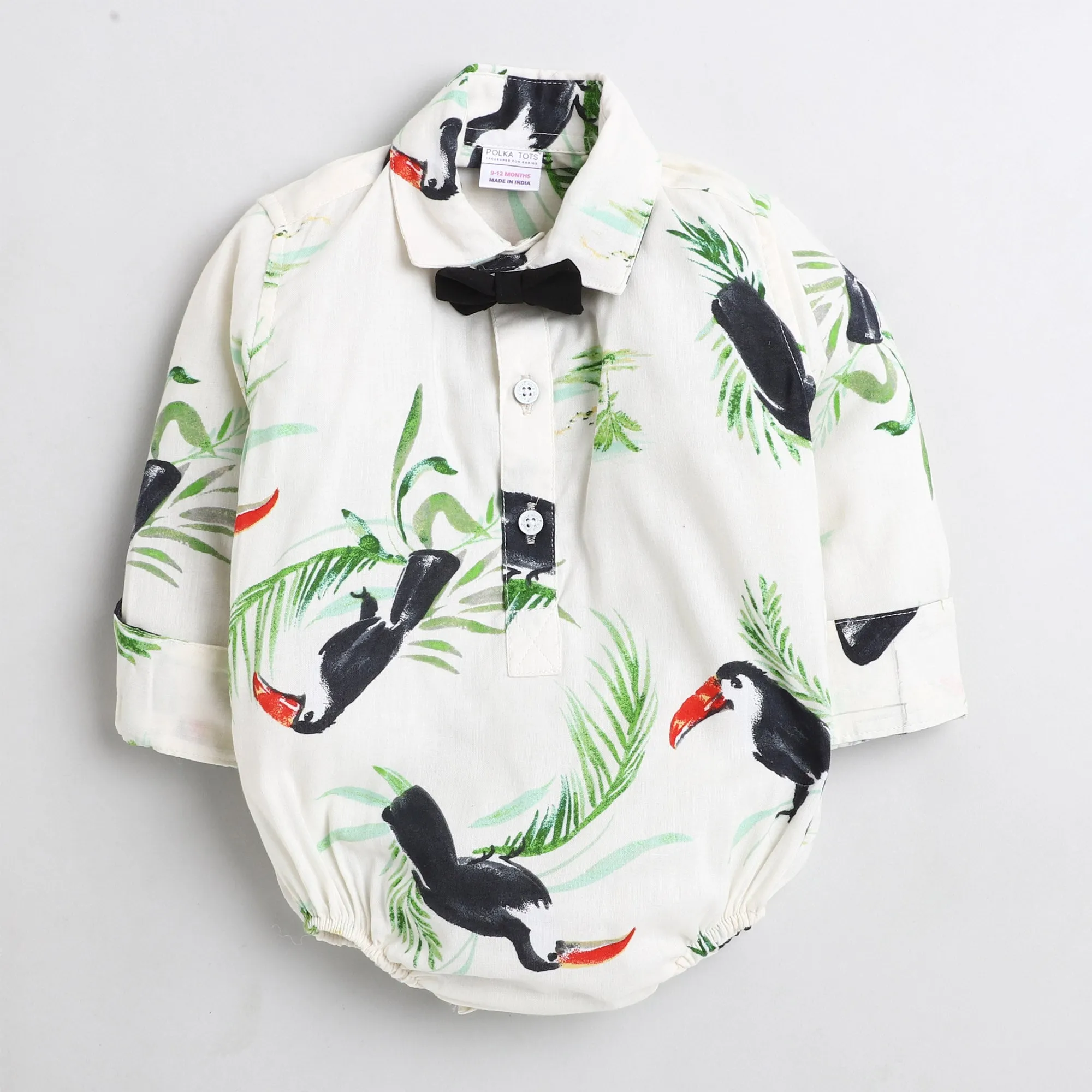 Polka Tots Full Sleeve black bird printed Onesie with bow tie  - white