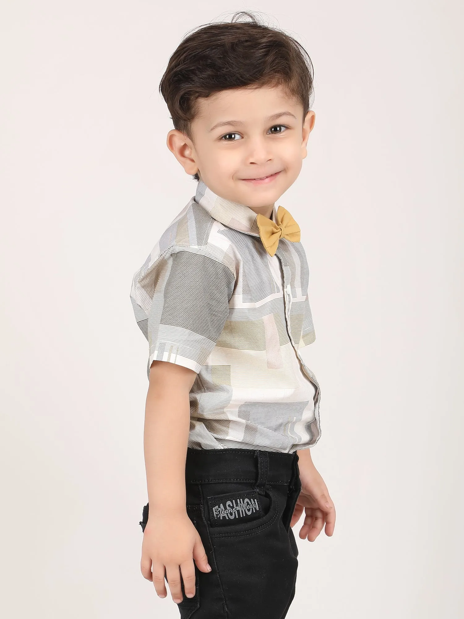 Polka Tots Half Sleeves Shirt with Bow Tie - Beige