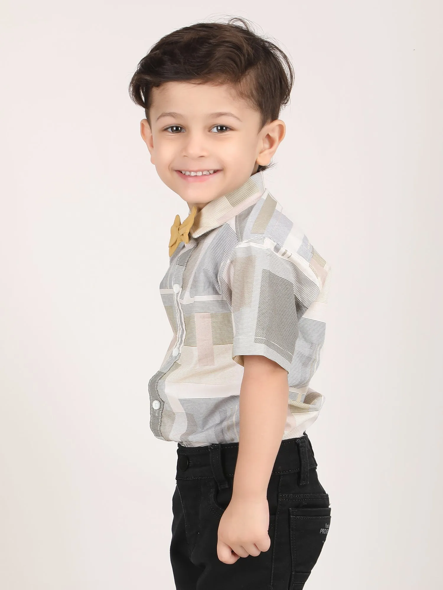 Polka Tots Half Sleeves Shirt with Bow Tie - Beige