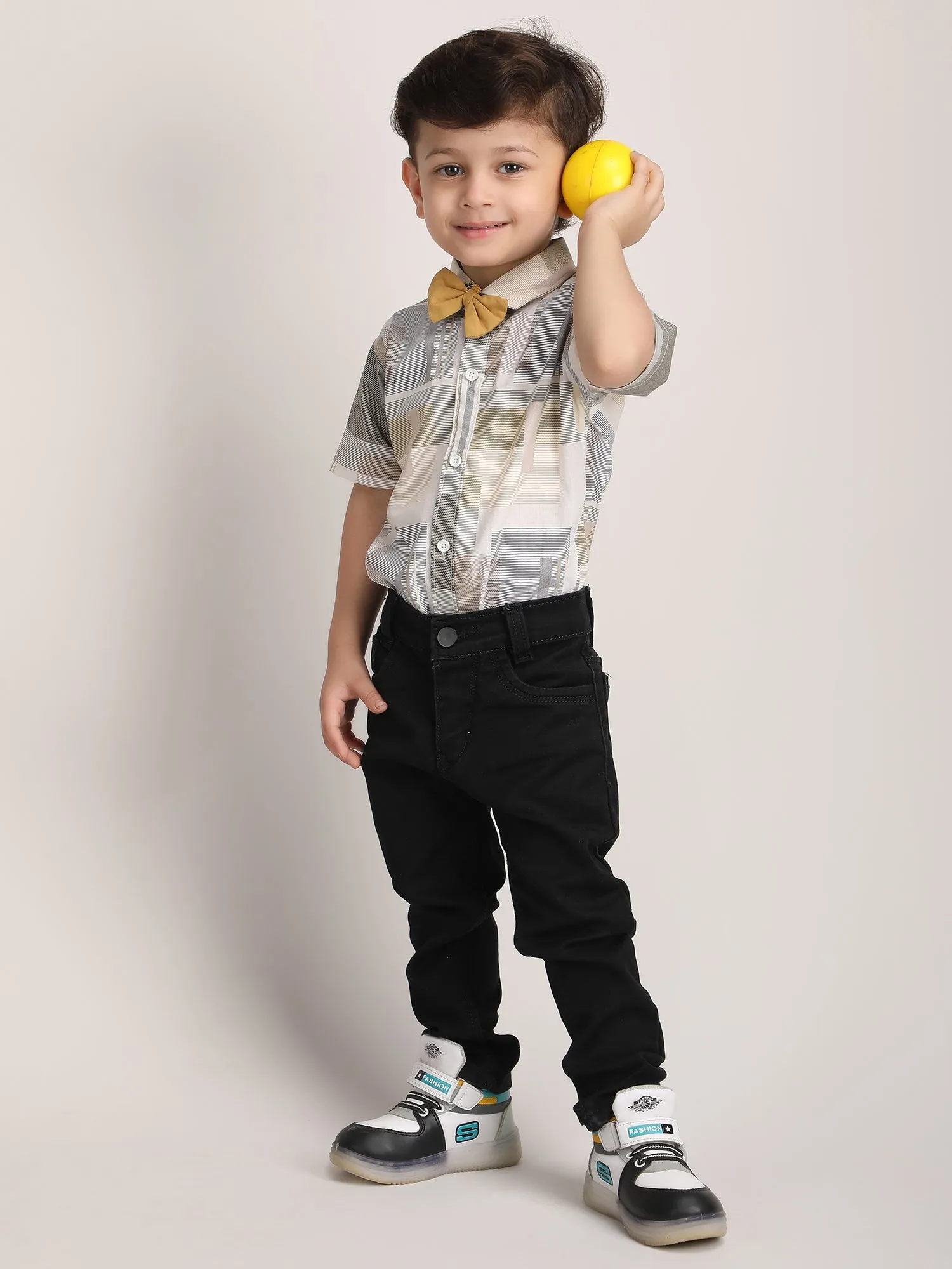 Polka Tots Half Sleeves Shirt with Bow Tie - Beige