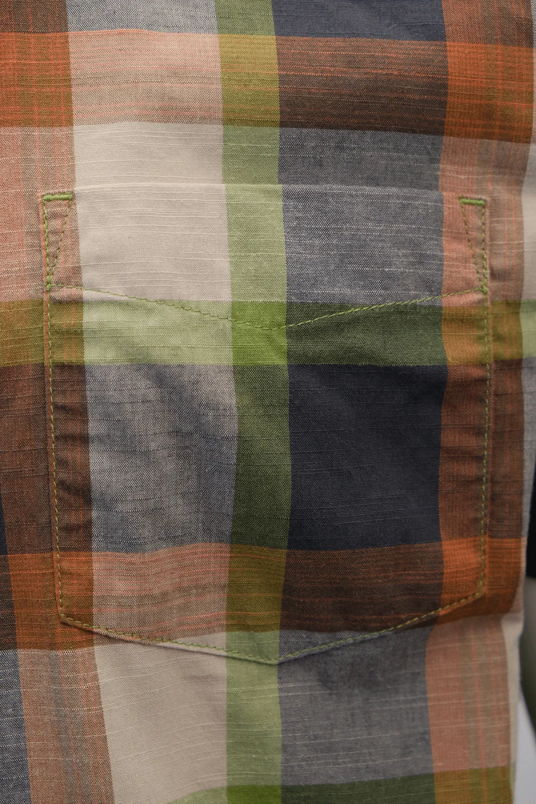 prAna Men's Charcoal Green Orange Box Plaid Benton S/S Woven Shirt S05