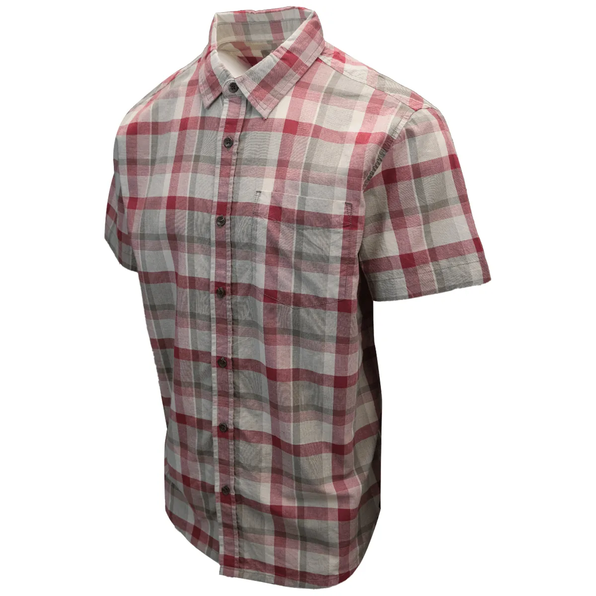 prAna Men's Raspberry Red Cream Grey Box Plaid Benton S/S Woven Shirt S07