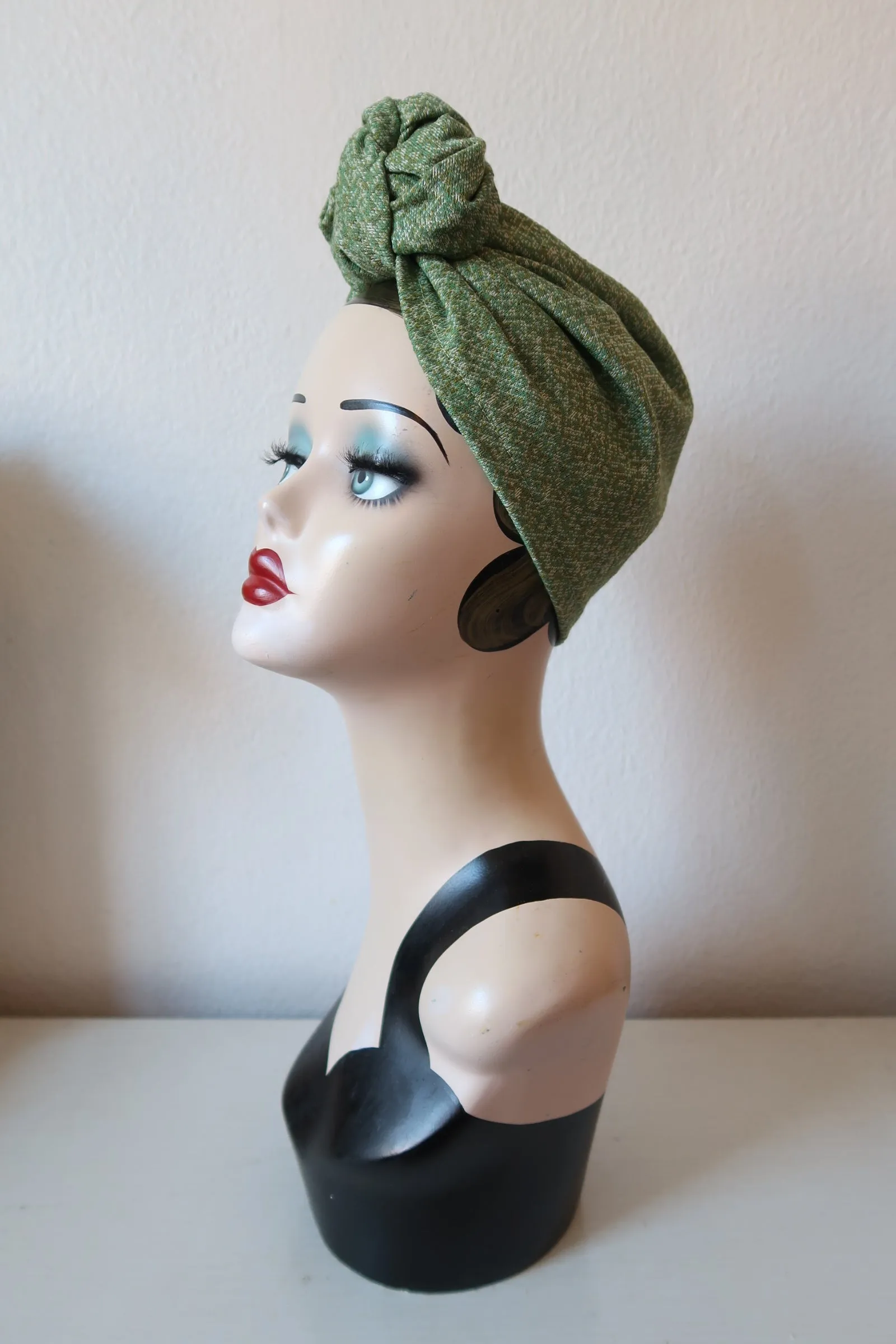 SMALL KNOT Green Tweed (Full Coverage) 1940s Style Pre-tied Turban