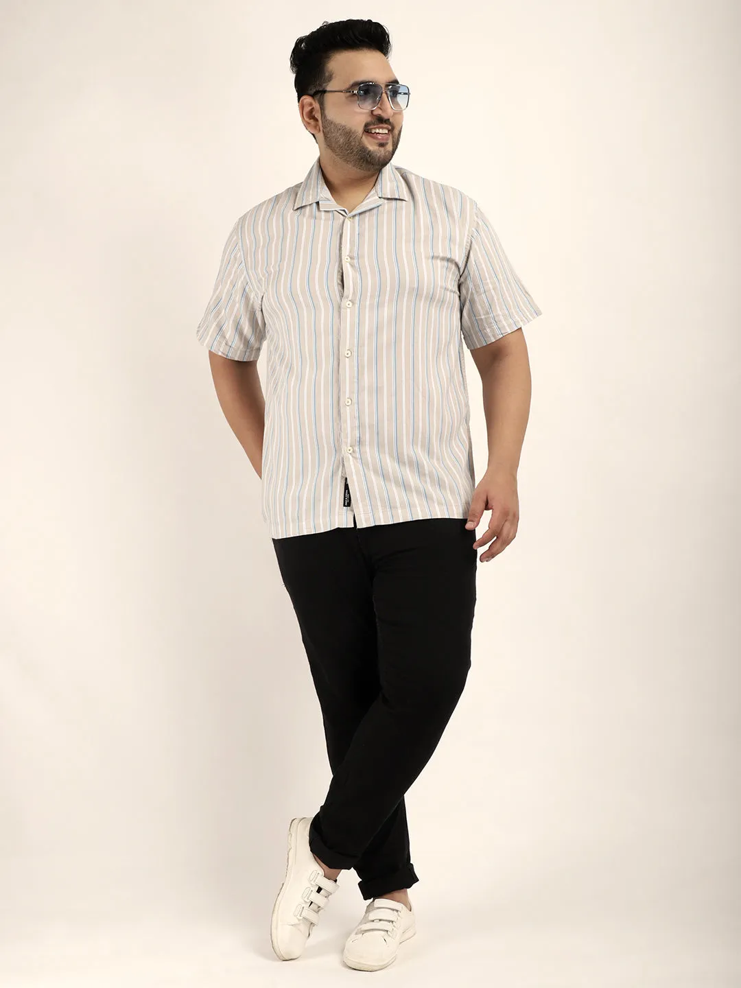 Vivid cotton Beige Half Sleeves Plus Size Shirt