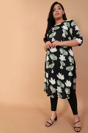White Lotus Black Printed Kurta