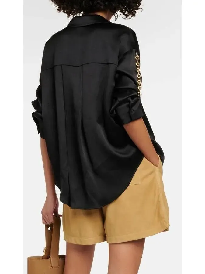 Women’s Chain-Sleeve Satin Shirt, Black